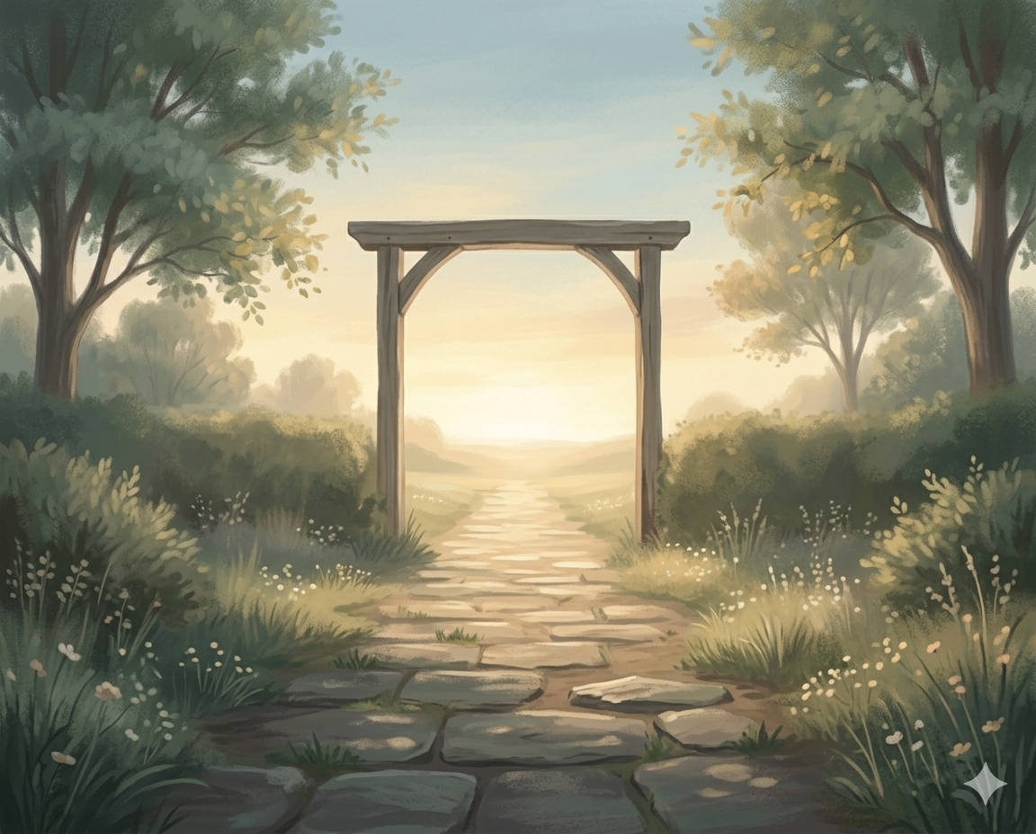 Symbolic illustration — a stone path through an arch toward sunrise, suggesting hope and moving forward
