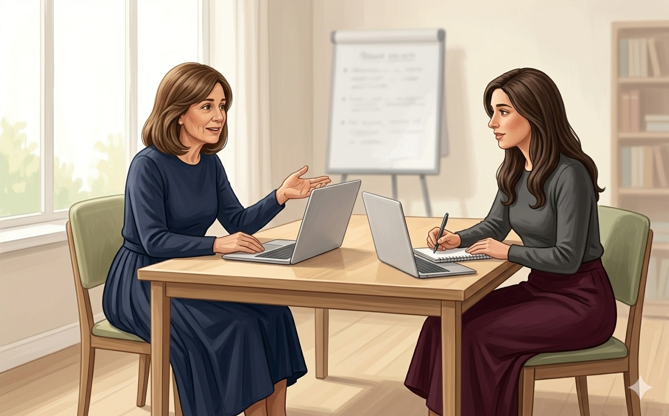 Illustration of two women learning together with laptops in a training room