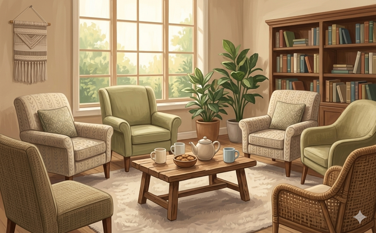 Illustration of a calm welcoming room set for a supportive group gathering