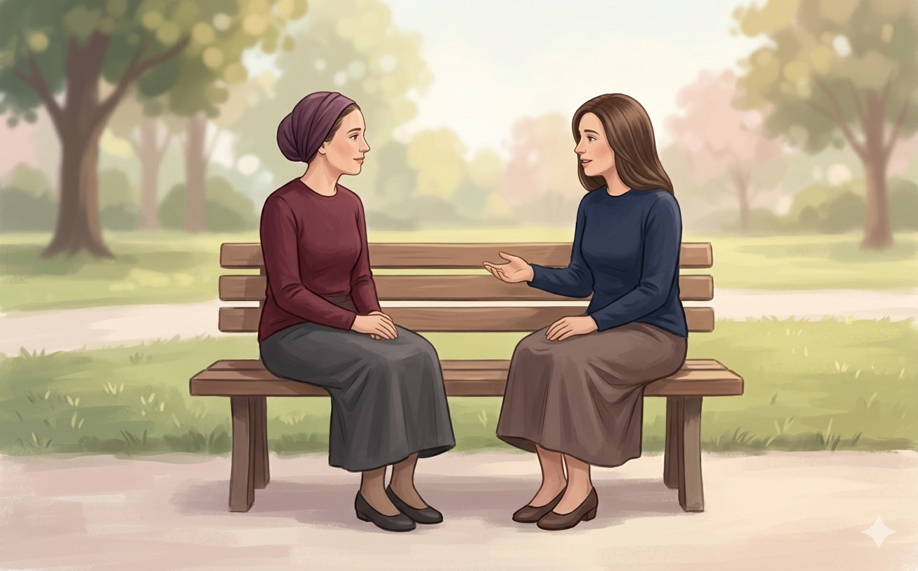 Illustration of two women talking together on a park bench