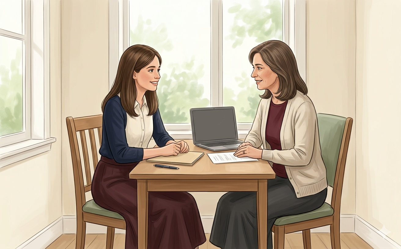 Illustration of coaching for employment—two women talking across a desk by a window